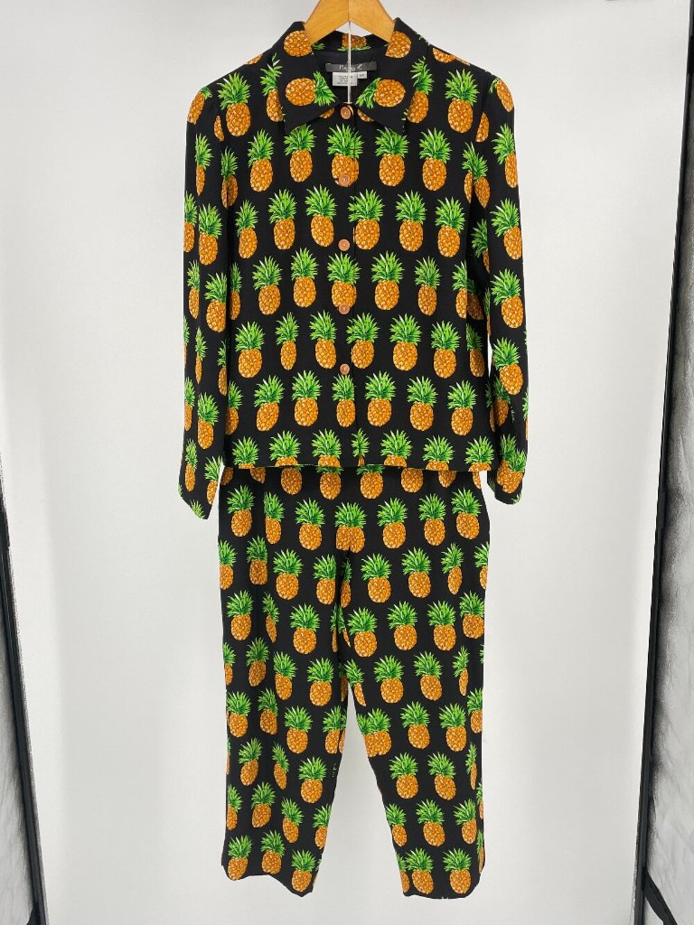 Maggie L Vintage 100% Silk Pineapple Tropical Print Two-Piece Pant Set 8P